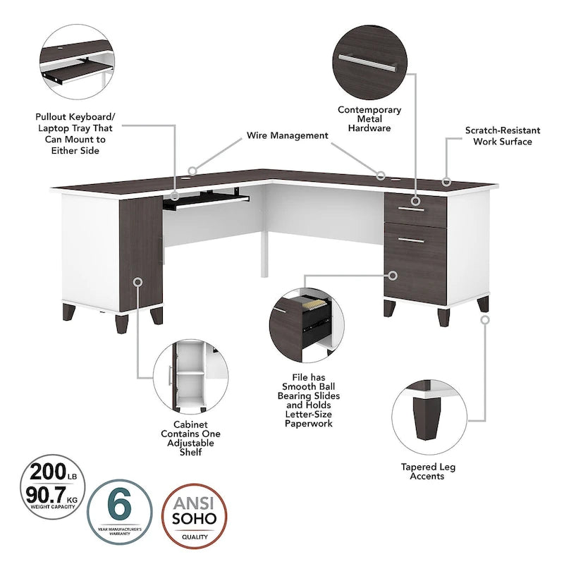 Bureau d'angle en L de 183 cm avec rangement