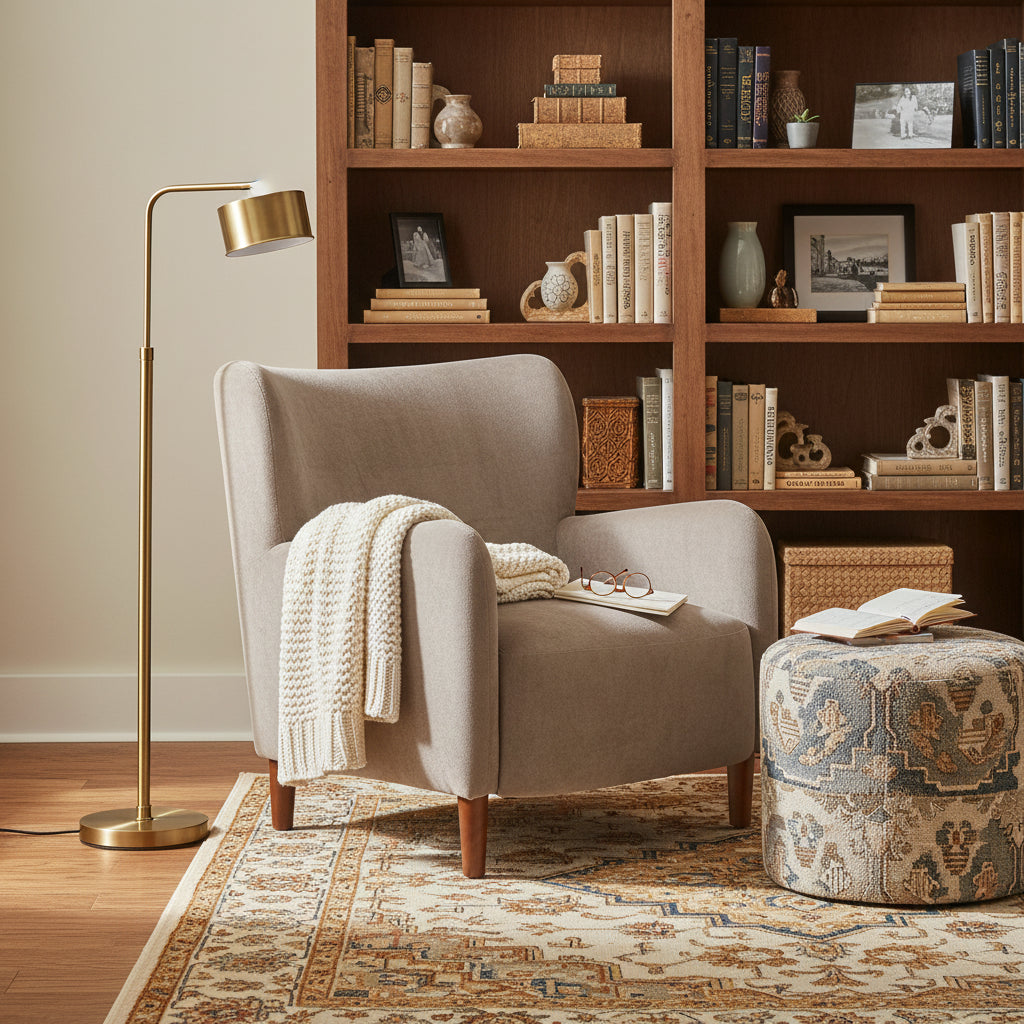Fauteuil club capitonné avec velours moelleux et pieds en bois massif