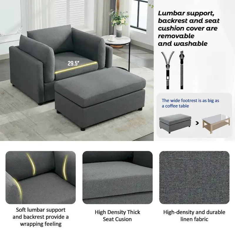 50 fauteuils surdimensionnés avec pouf, chaise d'appoint moderne, support lombaire, canapé de lecture pour chambre à coucher