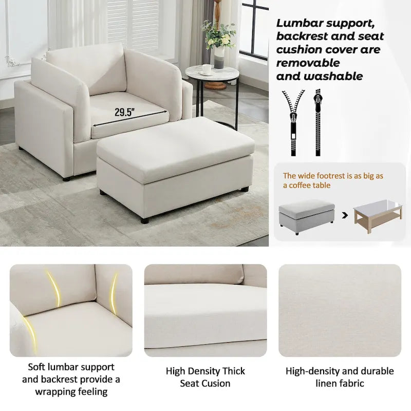 50 fauteuils surdimensionnés avec pouf, chaise d'appoint moderne, support lombaire, canapé de lecture pour chambre à coucher