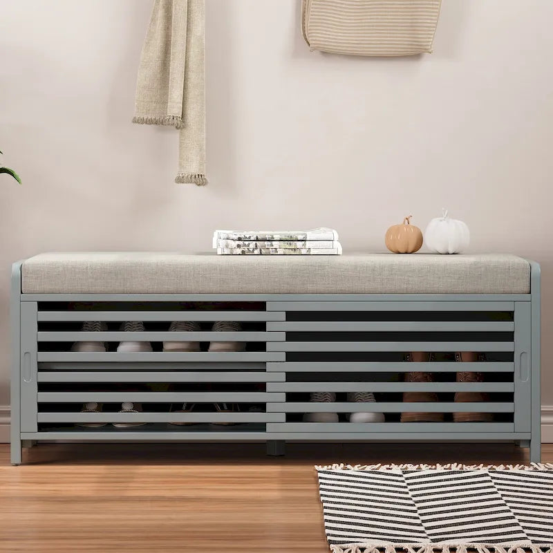 Banc d'entrée avec rangement et coussin, banc à chaussures avec porte coulissante, meuble de rangement pour chaussures pour salon, 39,1 L x 109,9 P x 41,9 H cm