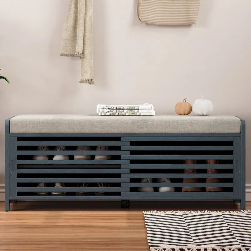 Banc d'entrée avec rangement et coussin, banc à chaussures avec porte coulissante, meuble de rangement pour chaussures pour salon, 39,1 L x 109,9 P x 41,9 H cm