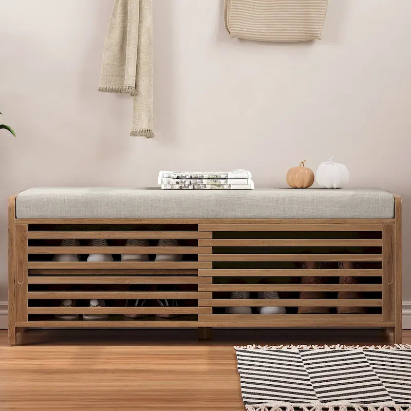Banc d'entrée avec rangement et coussin, banc à chaussures avec porte coulissante, meuble de rangement pour chaussures pour salon, 39,1 L x 109,9 P x 41,9 H cm
