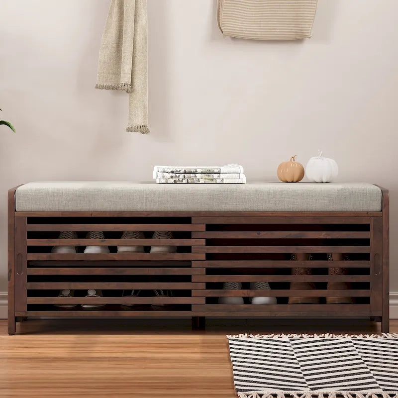 Banc d'entrée avec rangement et coussin, banc à chaussures avec porte coulissante, meuble de rangement pour chaussures pour salon, 39,1 L x 109,9 P x 41,9 H cm