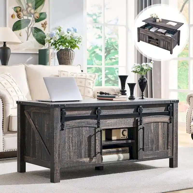 Table basse relevable de style ferme, table basse rustique en bois