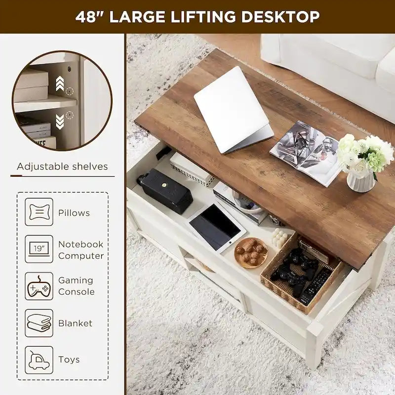 Table basse relevable de style ferme, table basse rustique en bois