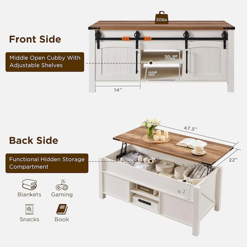 Table basse relevable de style ferme, table basse rustique en bois