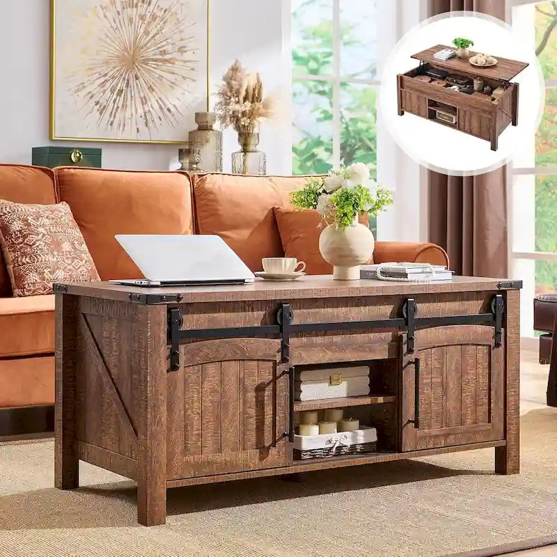 Table basse relevable de style ferme, table basse rustique en bois