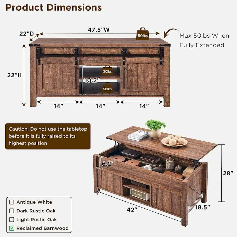Table basse relevable de style ferme, table basse rustique en bois