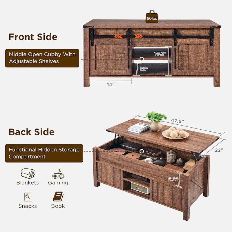 Table basse relevable de style ferme, table basse rustique en bois