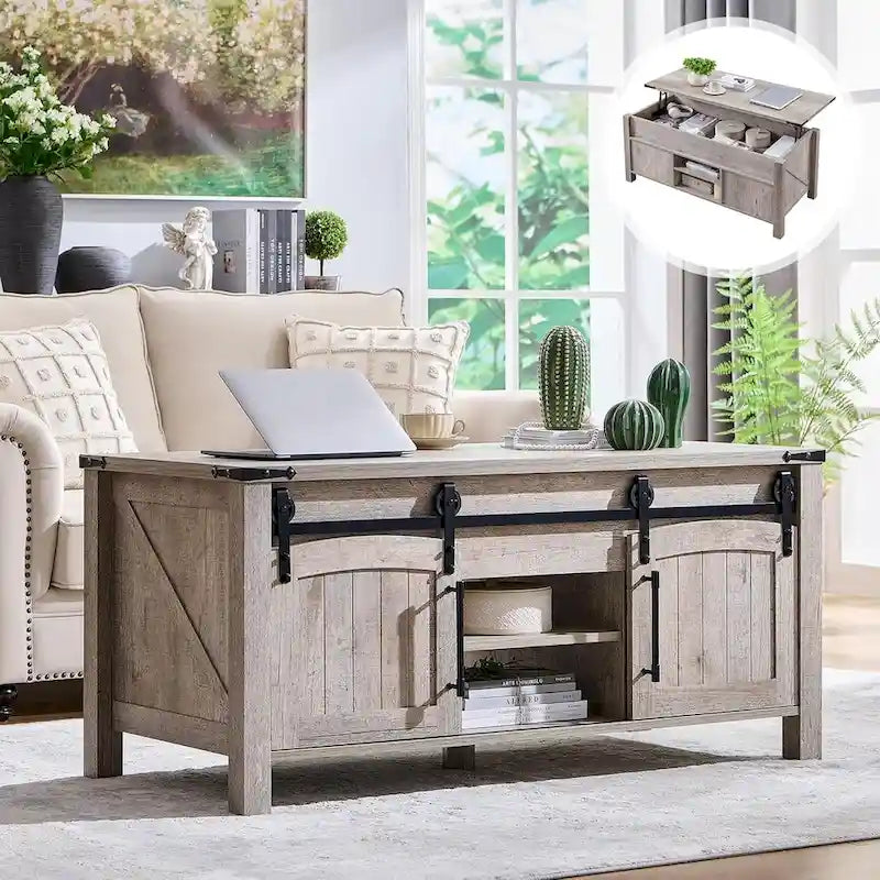 Table basse relevable de style ferme, table basse rustique en bois