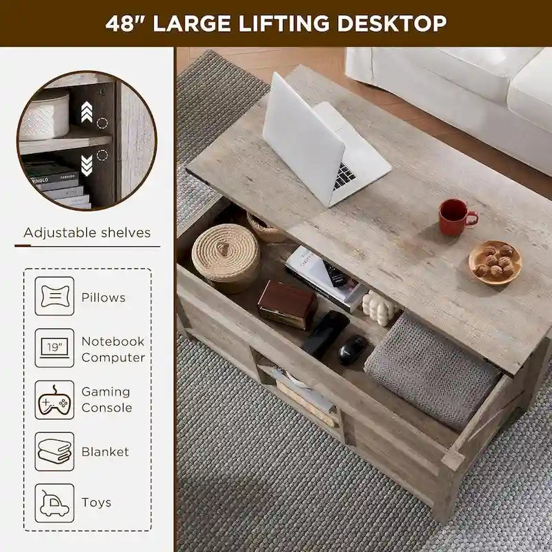Table basse relevable de style ferme, table basse rustique en bois