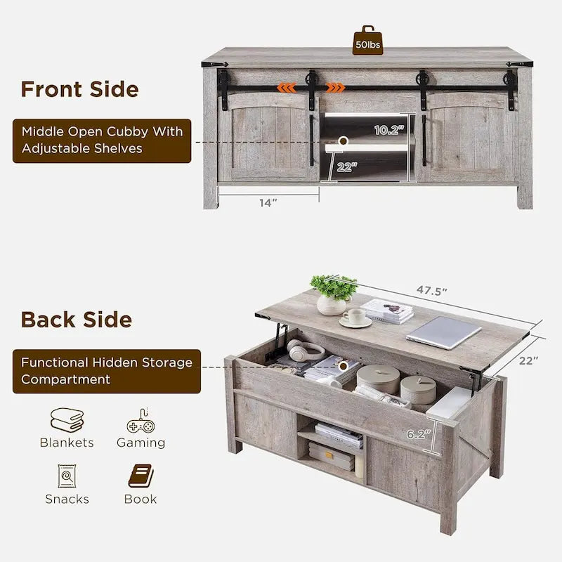 Table basse relevable de style ferme, table basse rustique en bois