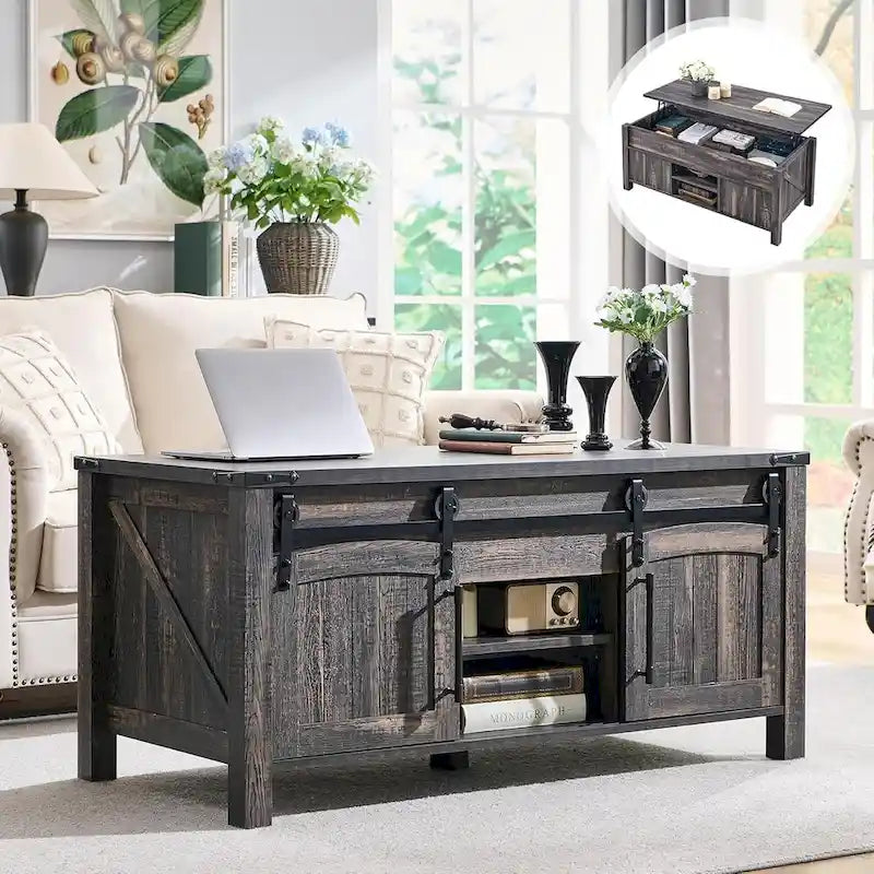 Table basse relevable de style ferme, table basse rustique en bois