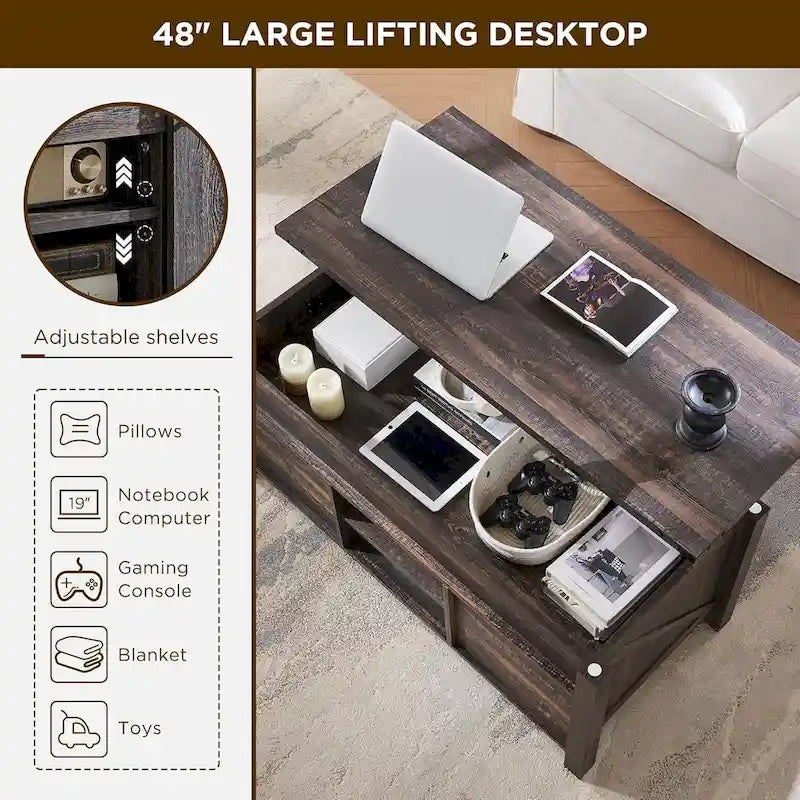 Table basse relevable de style ferme, table basse rustique en bois