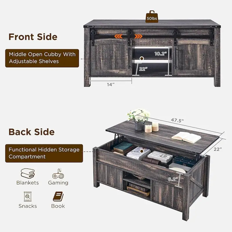 Table basse relevable de style ferme, table basse rustique en bois