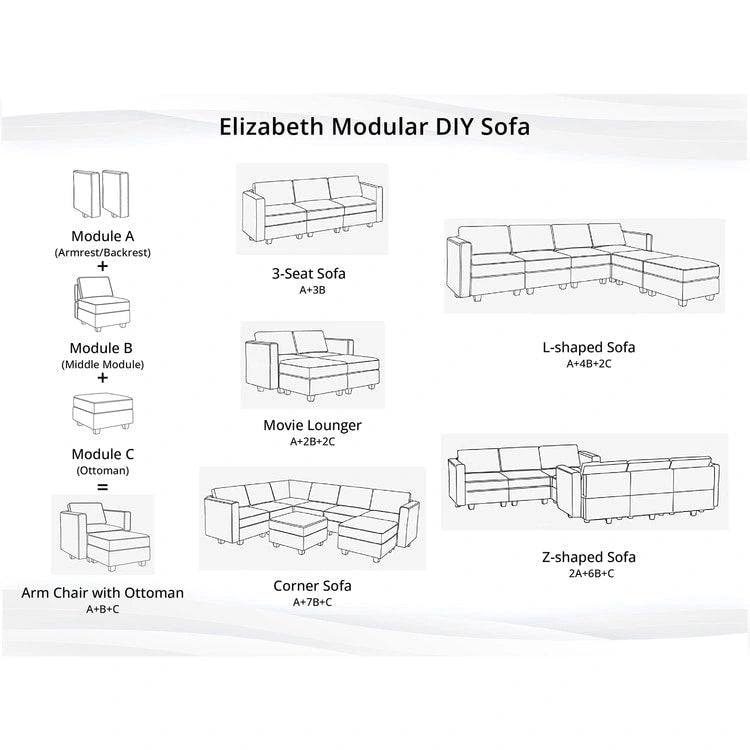 Collection de canapés modulaires modernes convertibles à faire soi-même – Modules pouf central et accoudoirs en option