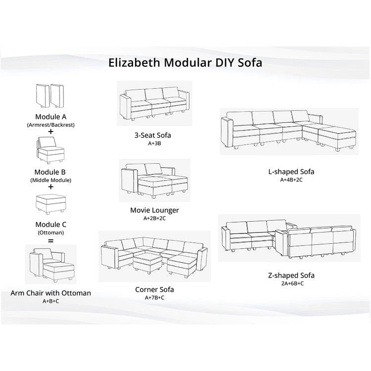 Collection de canapés modulaires modernes convertibles à faire soi-même – Modules pouf central et accoudoirs en option