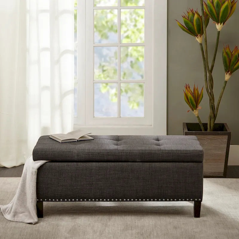 Banc de rangement capitonné en charbon de bois avec dessus à fermeture douce