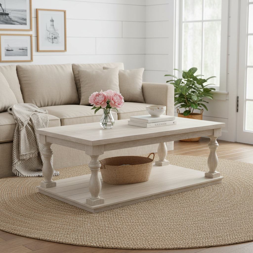 52-Inch Country-Style White Wooden Single-Tier Coffee Table