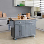 Îlot de cuisine roulant sur roulettes avec plateau rabattable et dessus en bois d'hévéa, tiroirs de rangement, gris foncé