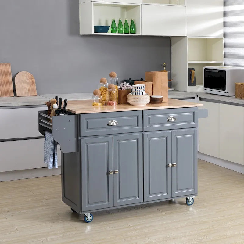 Îlot de cuisine roulant sur roulettes avec plateau rabattable et dessus en bois d'hévéa, tiroirs de rangement, gris foncé