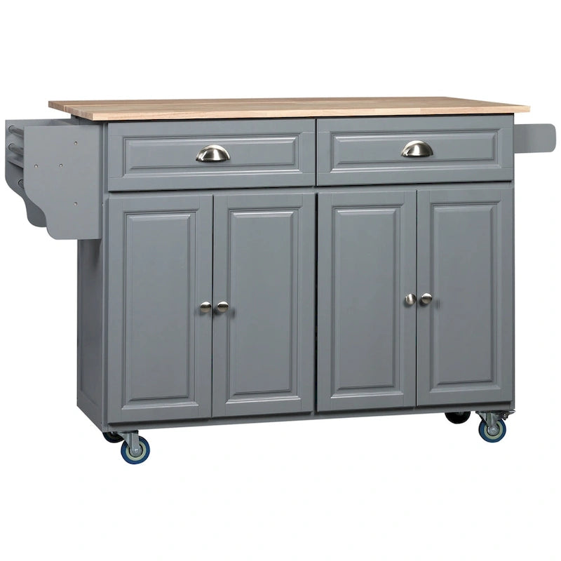 Îlot de cuisine roulant sur roulettes avec plateau rabattable et dessus en bois d'hévéa, tiroirs de rangement, gris foncé