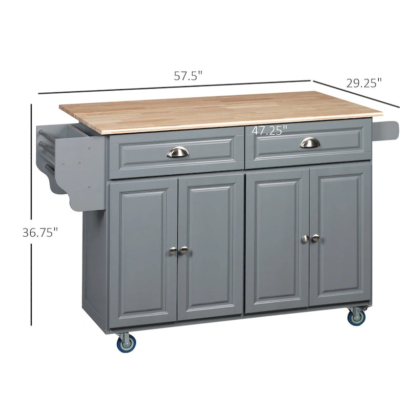 Îlot de cuisine roulant sur roulettes avec plateau rabattable et dessus en bois d'hévéa, tiroirs de rangement, gris foncé