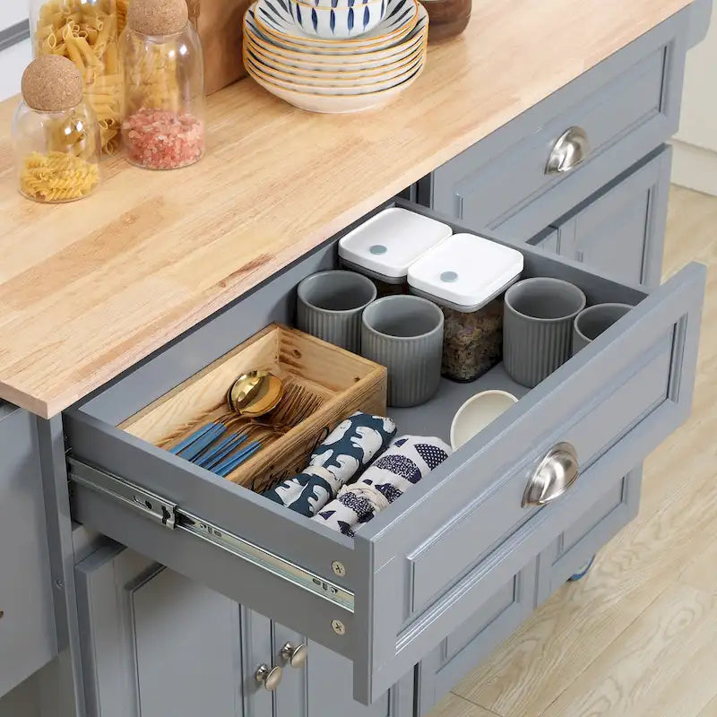 Îlot de cuisine roulant sur roulettes avec plateau rabattable et dessus en bois d'hévéa, tiroirs de rangement, gris foncé