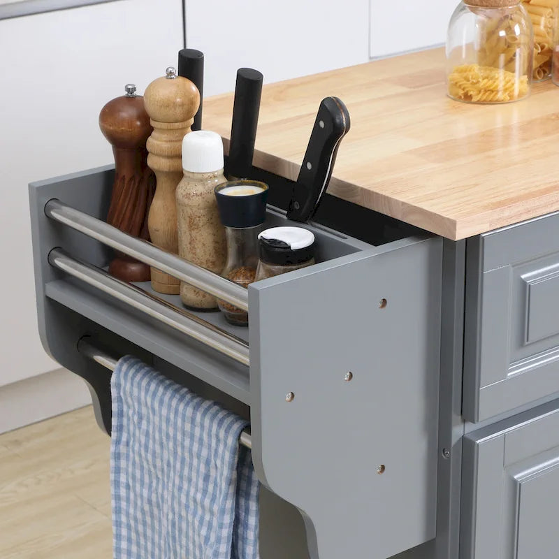 Îlot de cuisine roulant sur roulettes avec plateau rabattable et dessus en bois d'hévéa, tiroirs de rangement, gris foncé