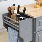 Îlot de cuisine roulant sur roulettes avec plateau rabattable et dessus en bois d'hévéa, tiroirs de rangement, gris foncé