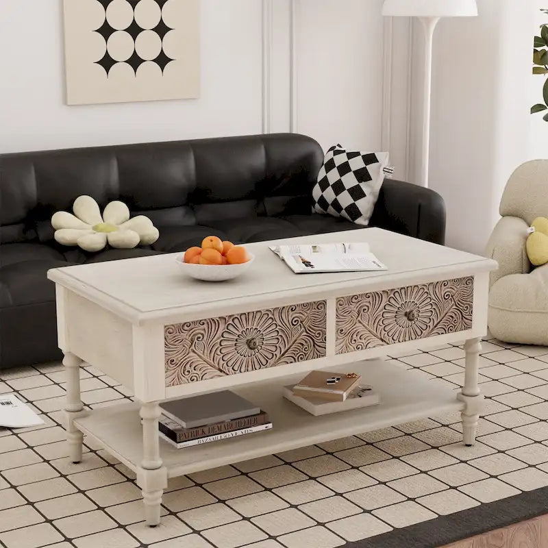 Table basse rectangulaire moderne du milieu du siècle avec 2 tiroirs et une étagère