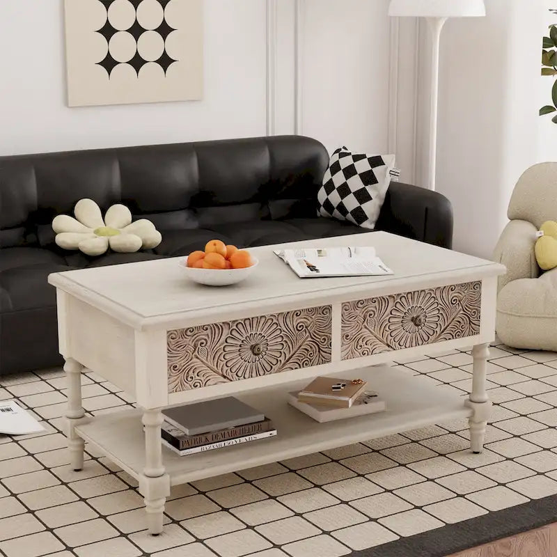 Table basse rectangulaire moderne du milieu du siècle avec 2 tiroirs et une étagère