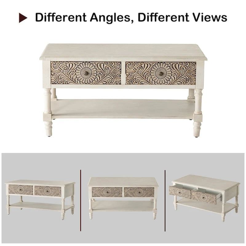 Table basse rectangulaire moderne du milieu du siècle avec 2 tiroirs et une étagère