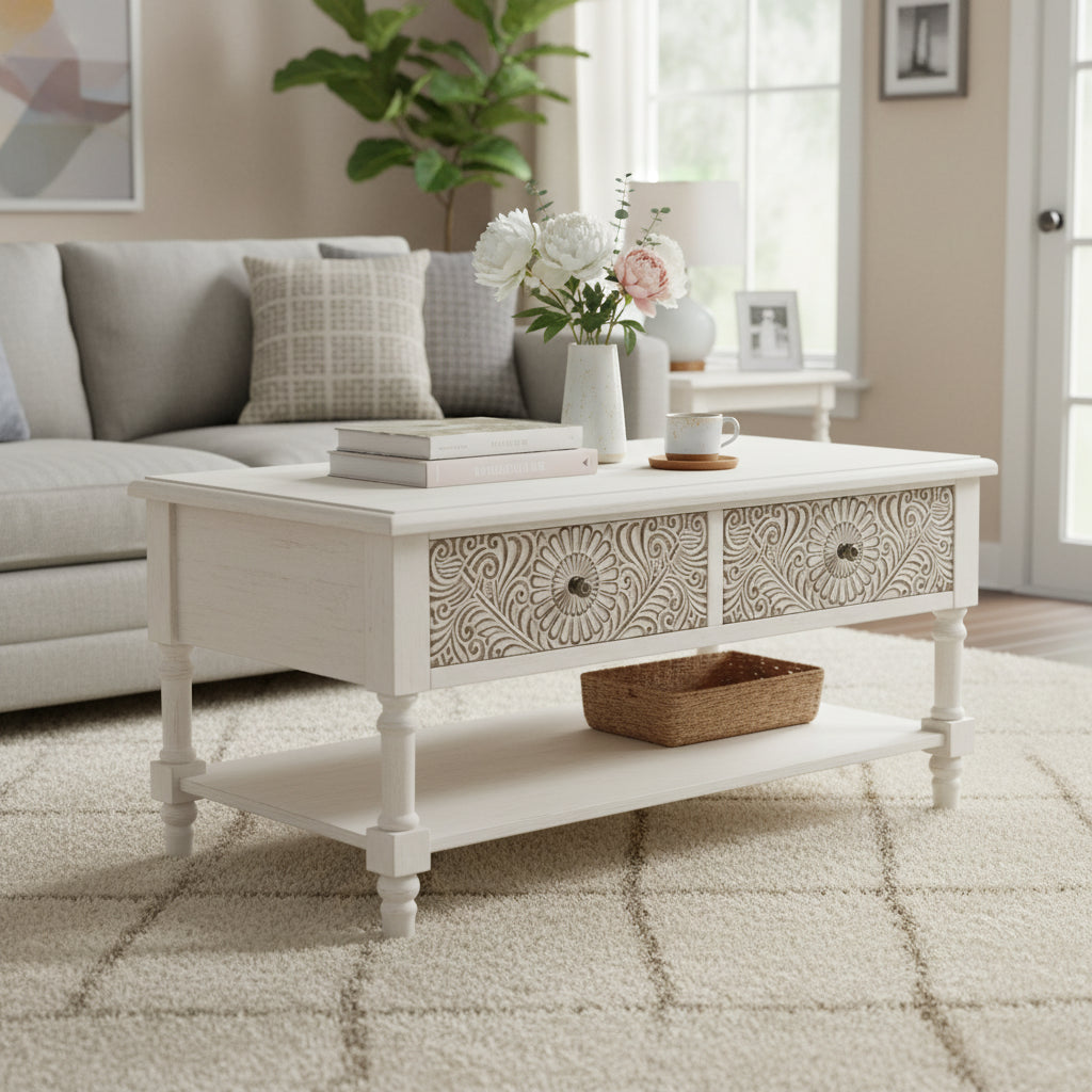 Table basse rectangulaire moderne du milieu du siècle avec 2 tiroirs et une étagère
