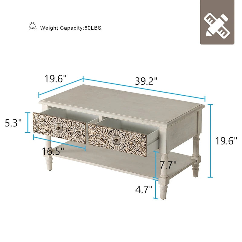 Table basse rectangulaire moderne du milieu du siècle avec 2 tiroirs et une étagère