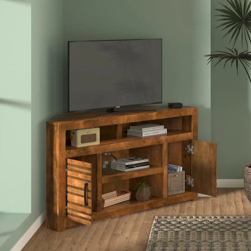Meuble TV d'angle 52 pouces pour téléviseurs jusqu'à 55 pouces, aucun assemblage requis, finition Whiskey