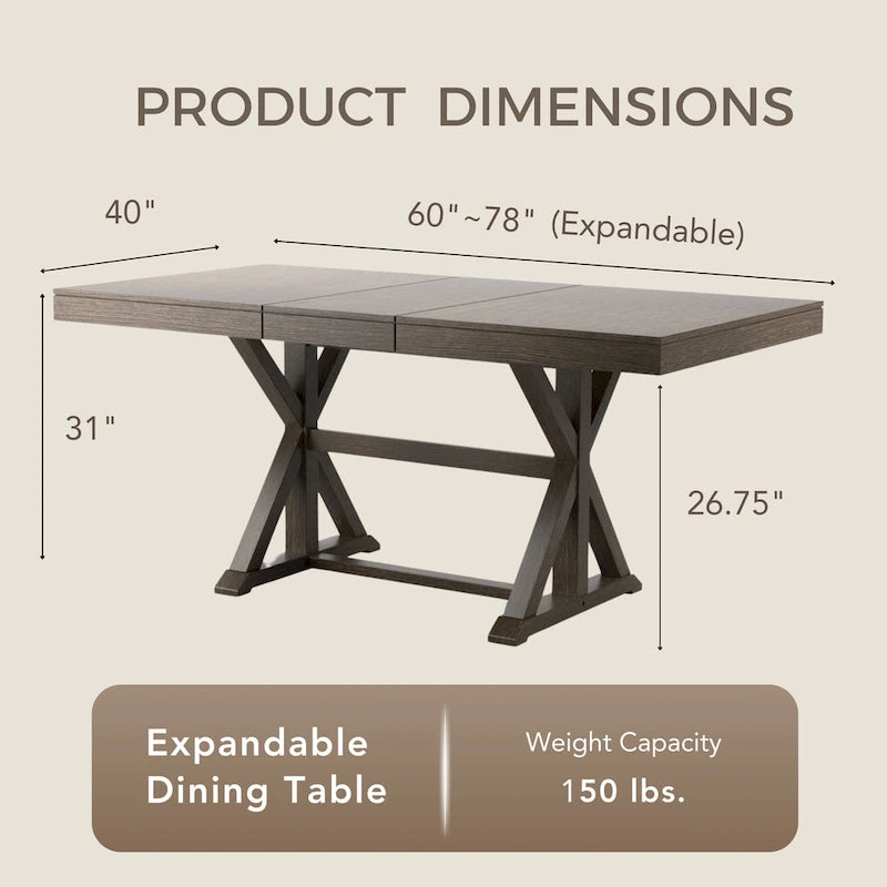 Table à manger extensible en bois massif Country Gray de 78 pouces