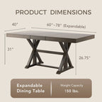 Table à manger extensible en bois massif Country Gray de 78 pouces