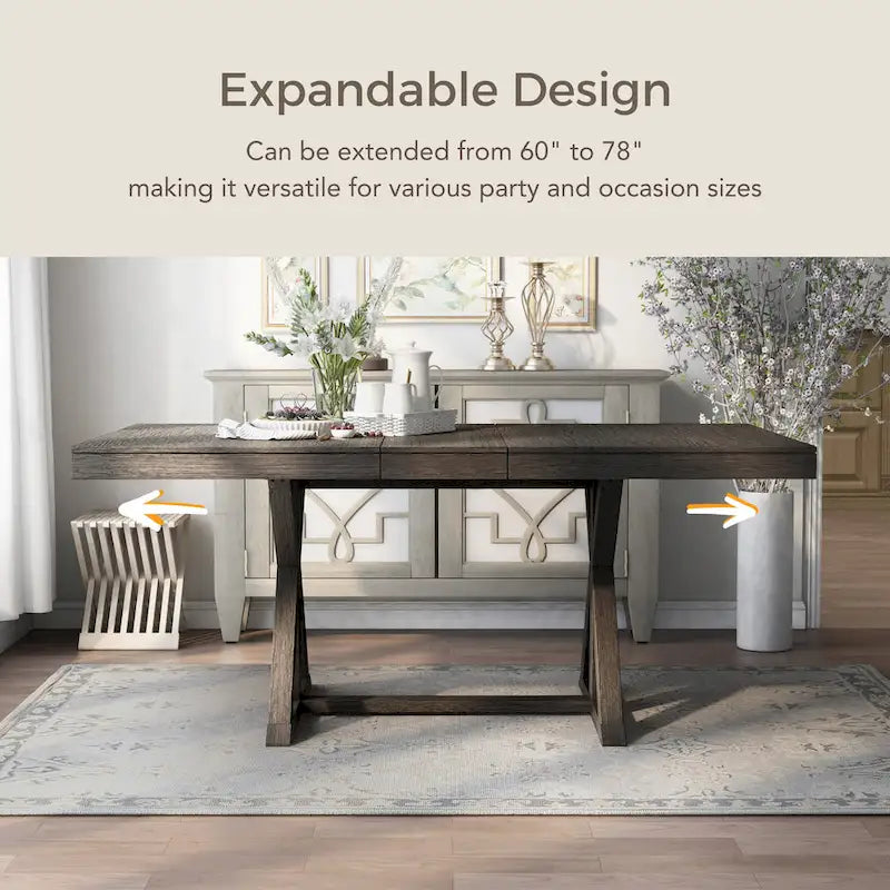 Table à manger extensible en bois massif Country Gray de 78 pouces