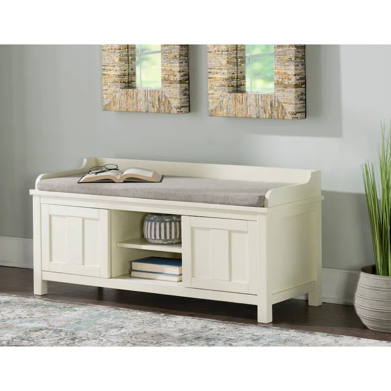 Banc de rangement capitonné en métal blanc et bois