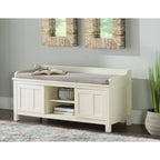 Banc de rangement capitonné en métal blanc et bois