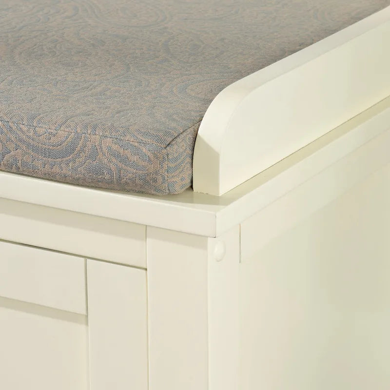 Banc de rangement capitonné en métal blanc et bois