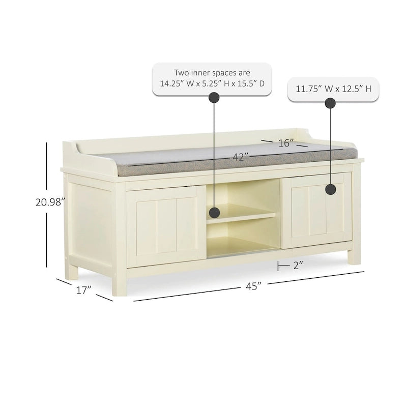 Banc de rangement capitonné en métal blanc et bois