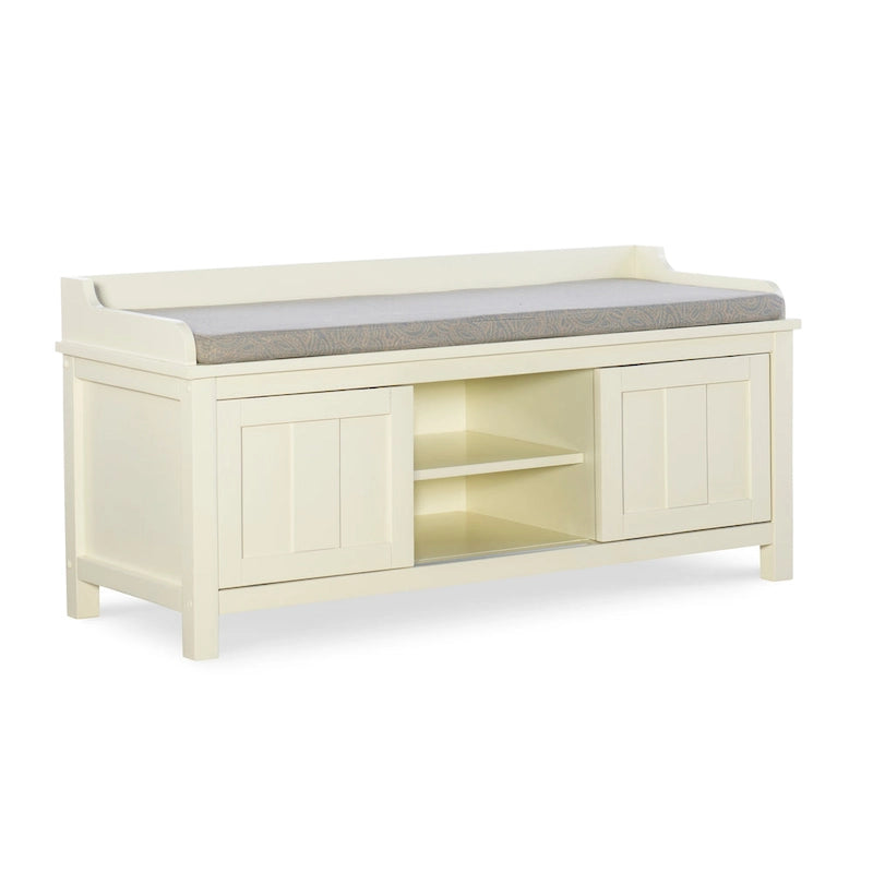 Banc de rangement capitonné en métal blanc et bois