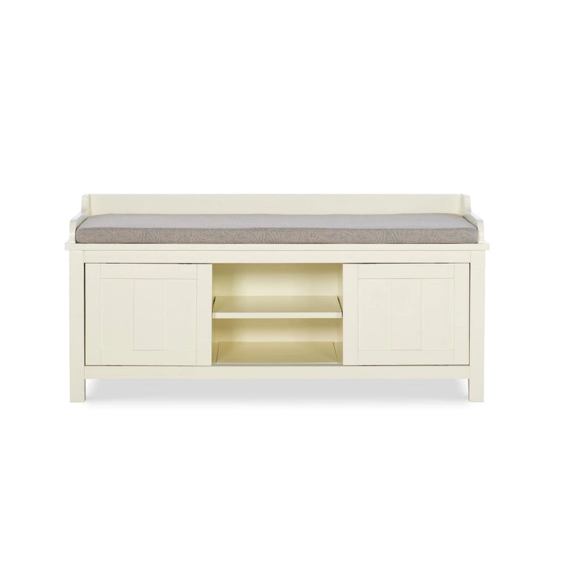 Banc de rangement capitonné en métal blanc et bois