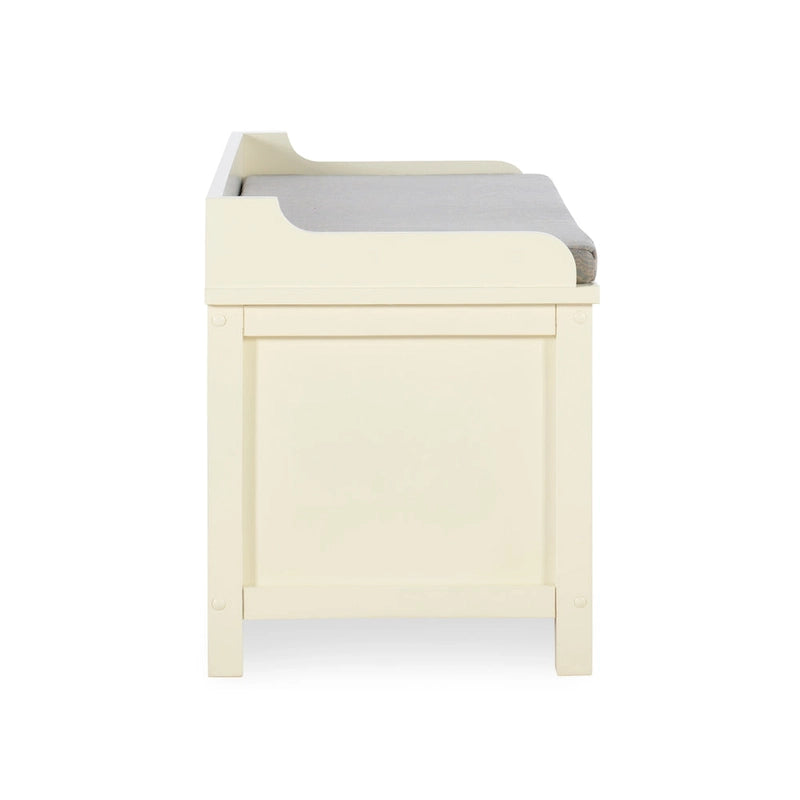 Banc de rangement capitonné en métal blanc et bois