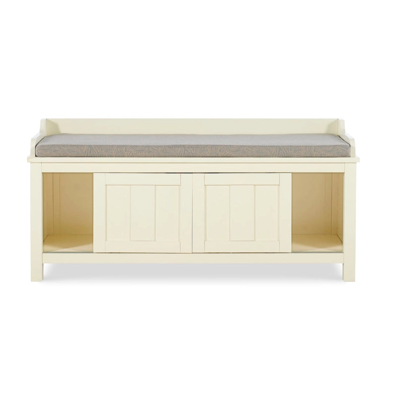 Banc de rangement capitonné en métal blanc et bois