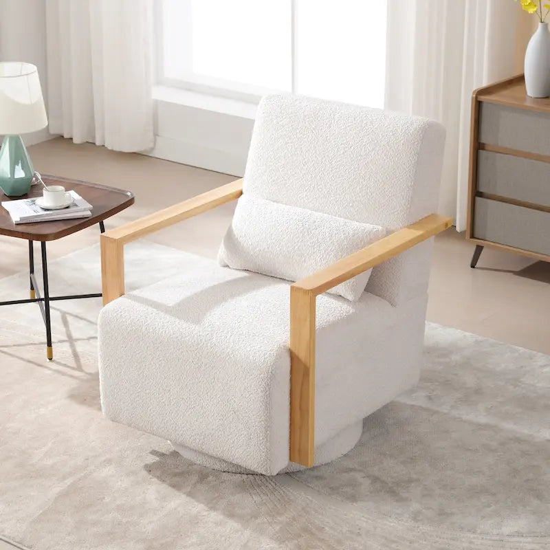 Fauteuil pivotant rembourré en bouclette du milieu du siècle avec coussin