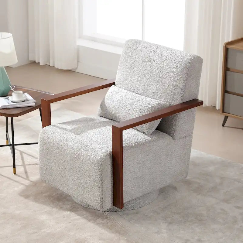 Fauteuil pivotant rembourré en bouclette du milieu du siècle avec coussin